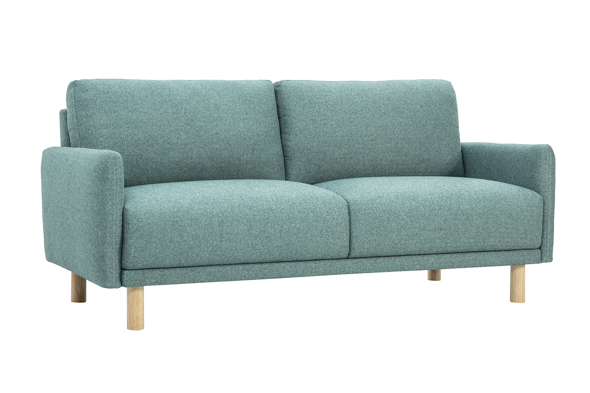 Canap� 3 places en tissu vert de gris avec pieds en bois clair, vue 3/4.