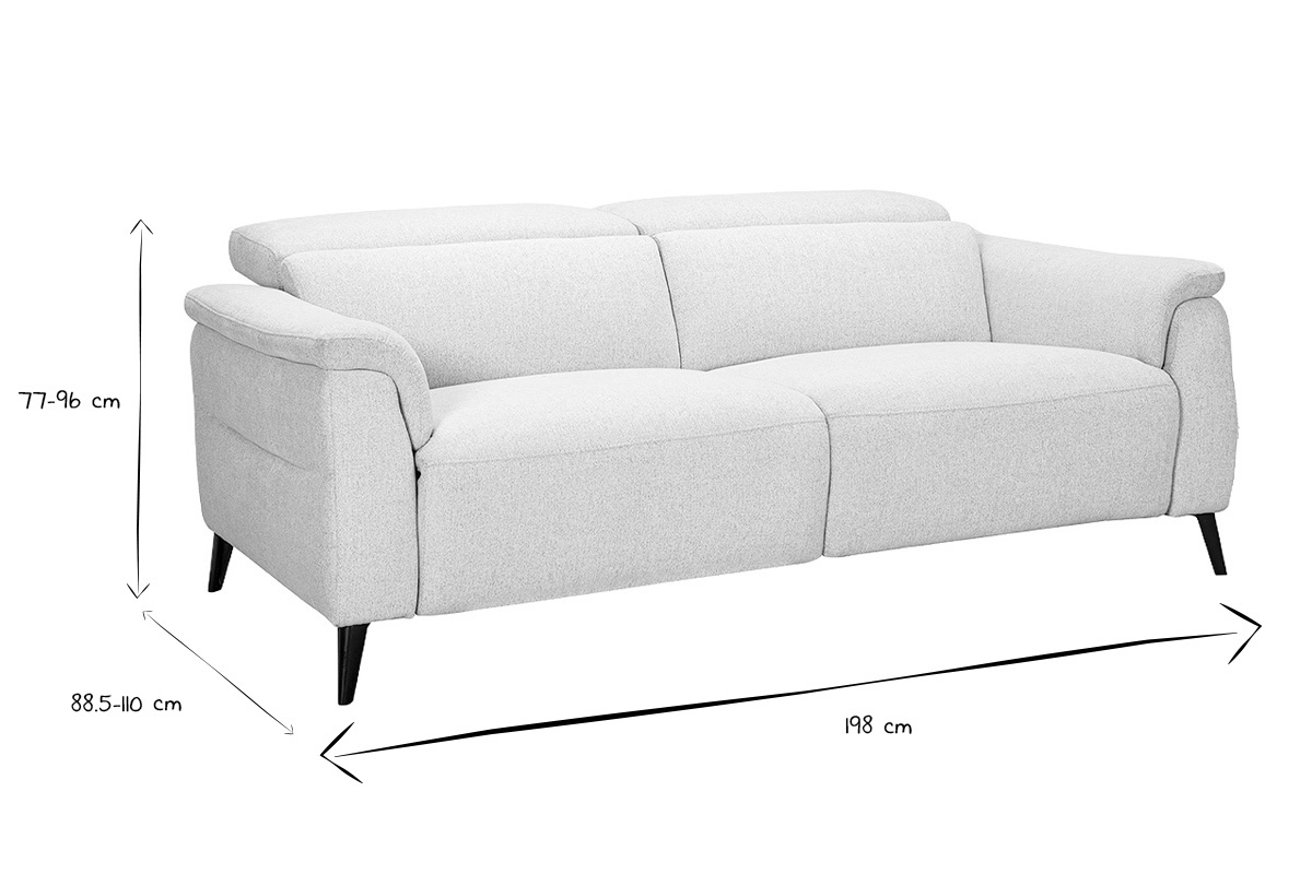 Dimensions du canap� �lectrique 3 places, 77-96 cm de haut, 88,5-110 cm de profondeur, 198 cm de large en noir et blanc.