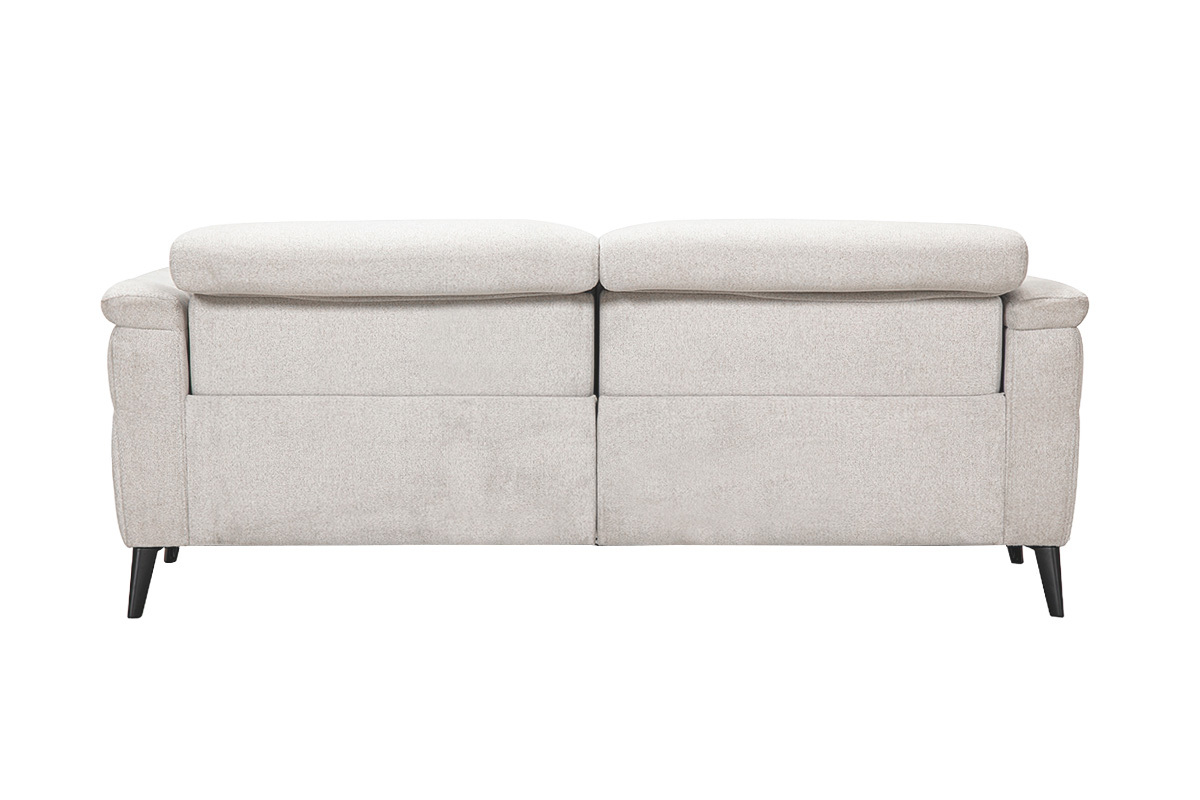 Canap� �lectrique 3 places beige vu de dos avec t�ti�res ajustables et repose-pieds en m�tal.