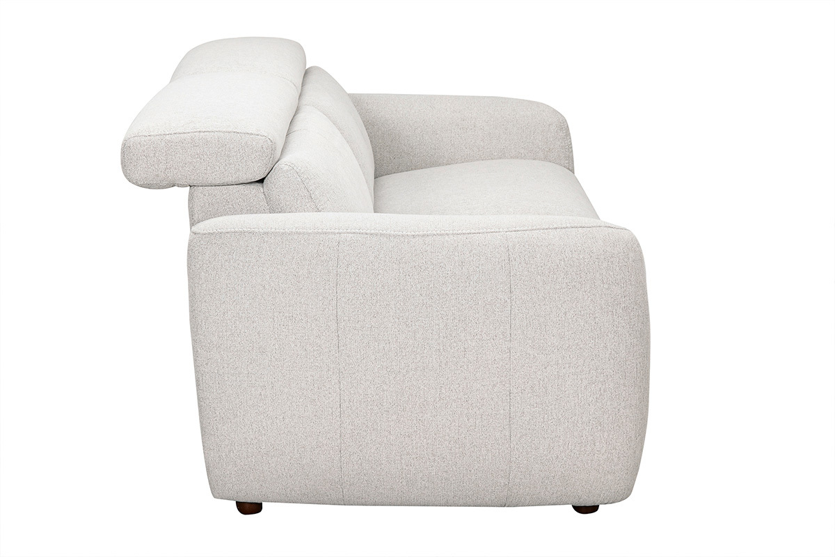 Canap� �lectrique 3 places beige, vue de profil avec t�ti�res ajustables et repose-pieds, tissu effet velours textur�.