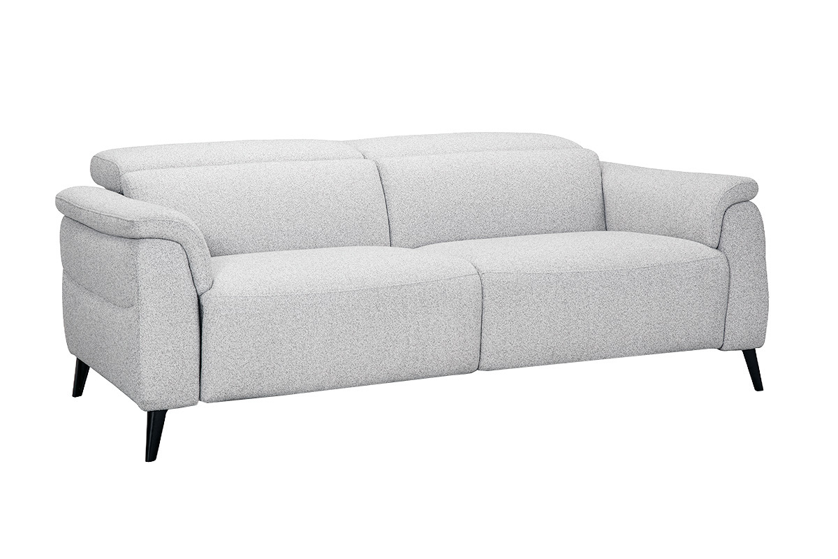 Canap� �lectrique 3 places gris clair avec t�ti�res ajustables et repose-pieds, vue de 3/4.