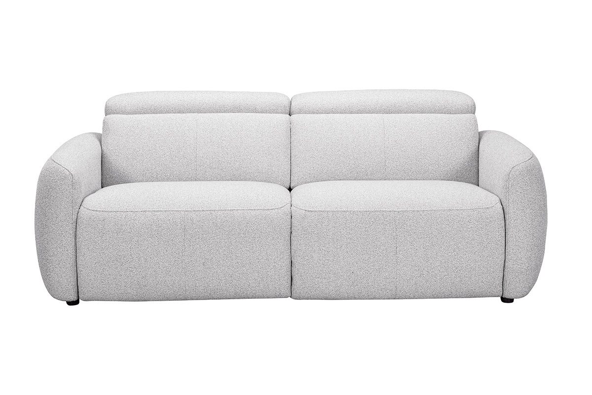 Canap� �lectrique 3 places MORZINE en tissu effet velours textur� gris clair, vue de face.
