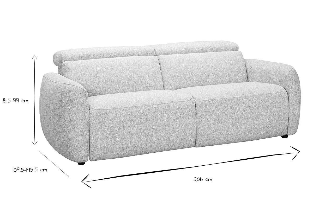 Dimensions du canap� �lectrique 3 places en noir et blanc, L206 x P109,5-145,5 x H81,5-99 cm.