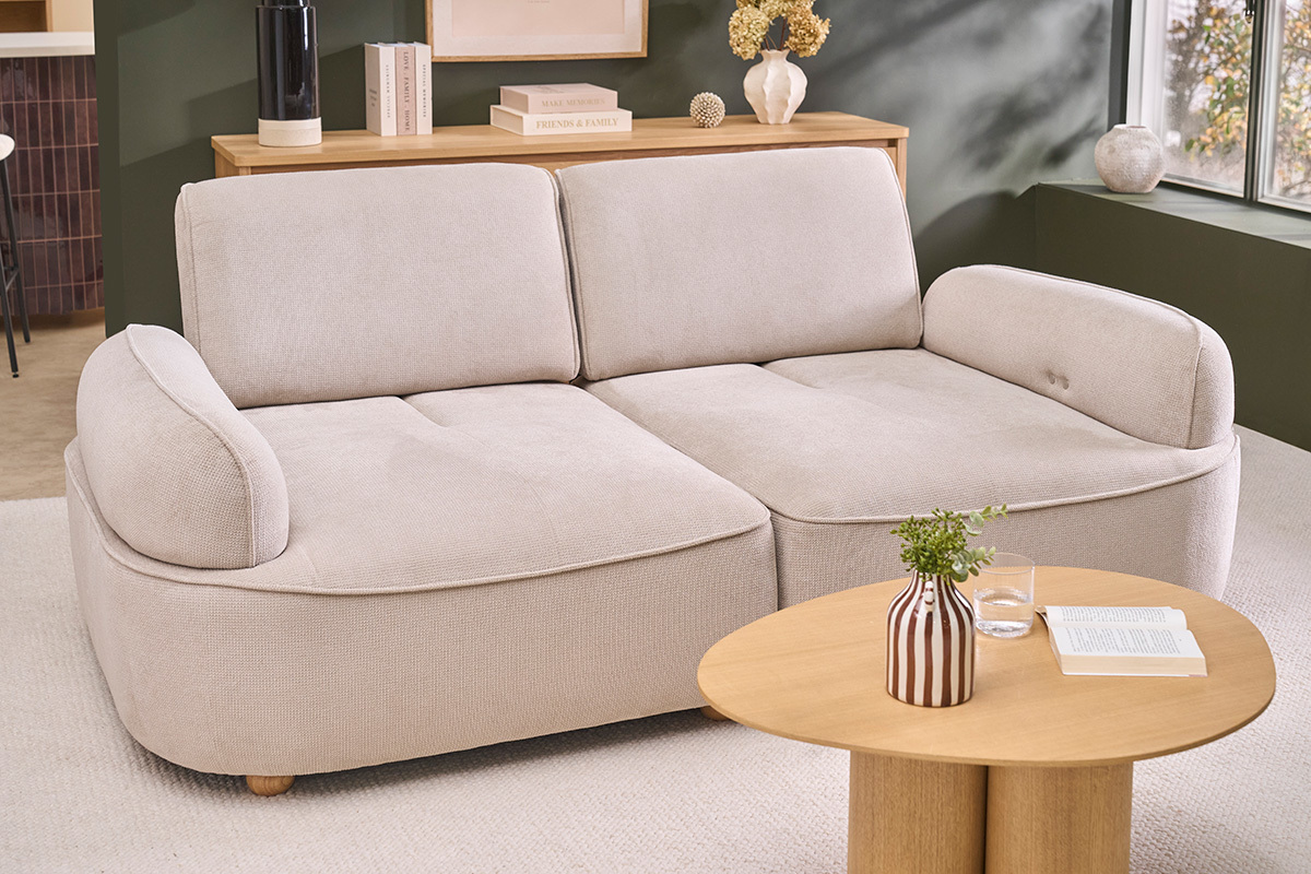 Canap� �lectrique 3 places dossier avance-recule en tissu chenille beige et bois clair OTIS