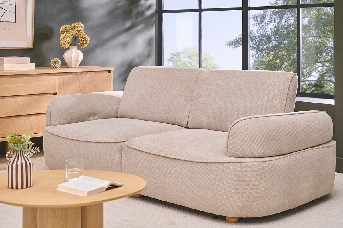 Canap� �lectrique 3 places dossier avance-recule en tissu chenille beige et bois clair OTIS