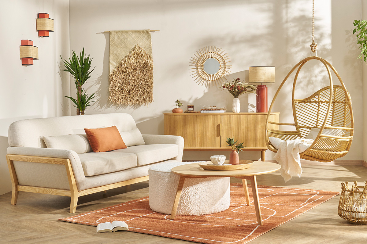 Canap� scandinave 2 places en tissu beige et bois clair YOKO