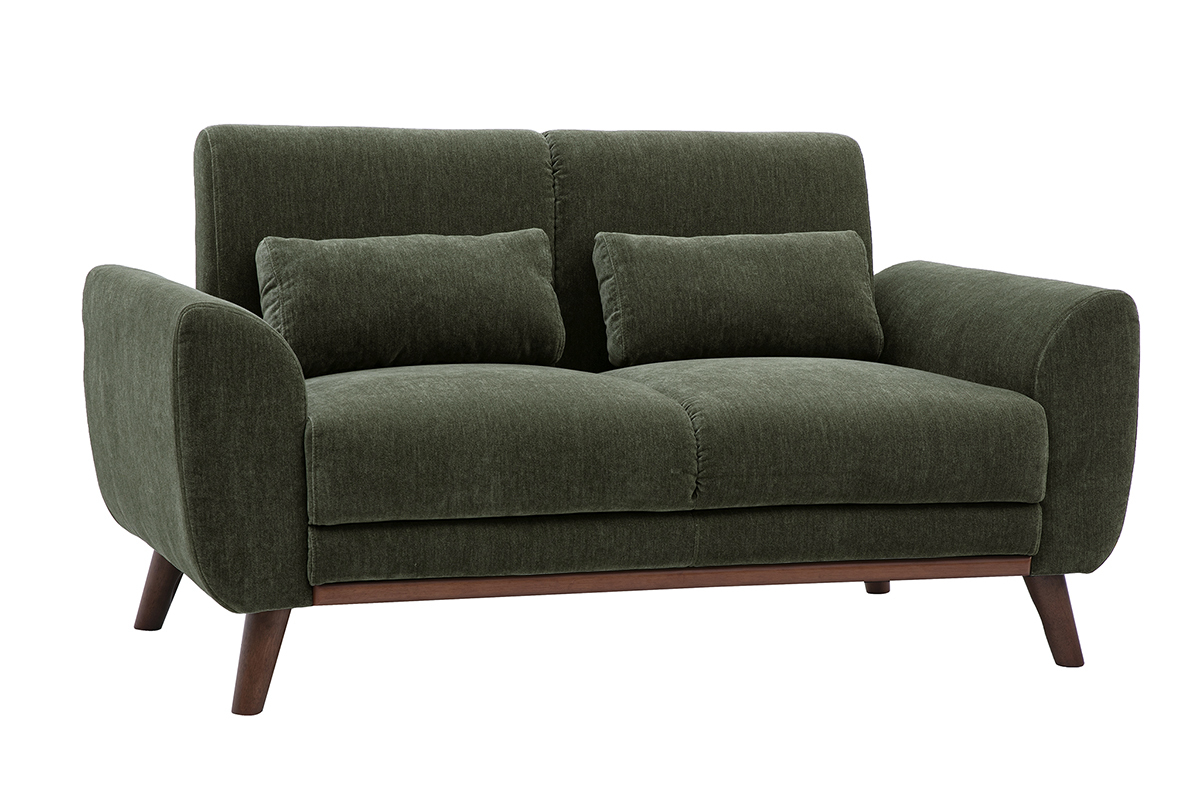 Canap� 2 places vert kaki en tissu effet velours avec coussins, vue de 3/4.