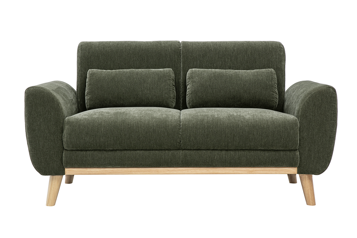Canap� 2 places en tissu effet velours vert kaki avec coussins, vue de face.