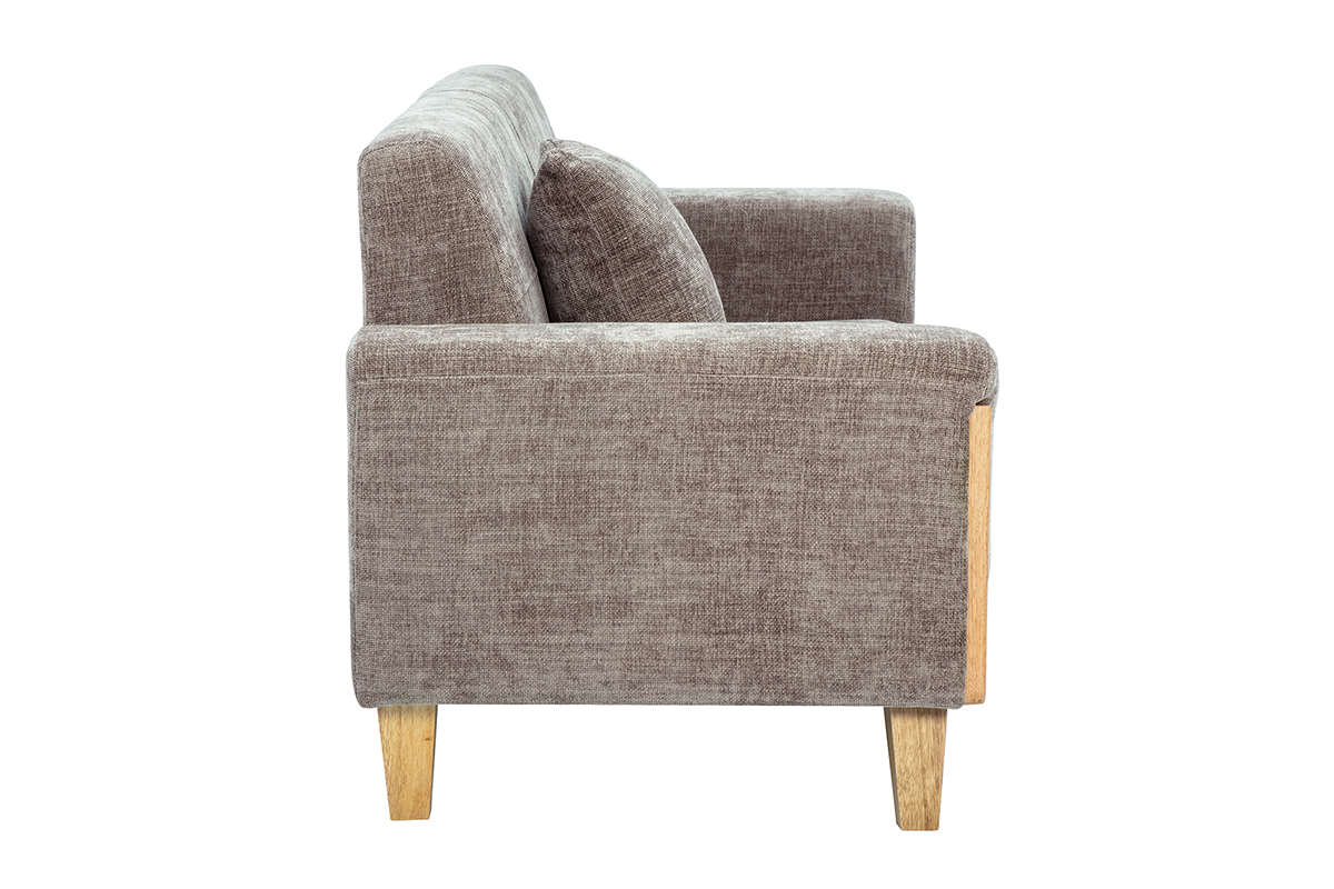 Canap� scandinave taupe en tissu effet velours, vue de c�t�, accoudoir et pieds en bois clair.