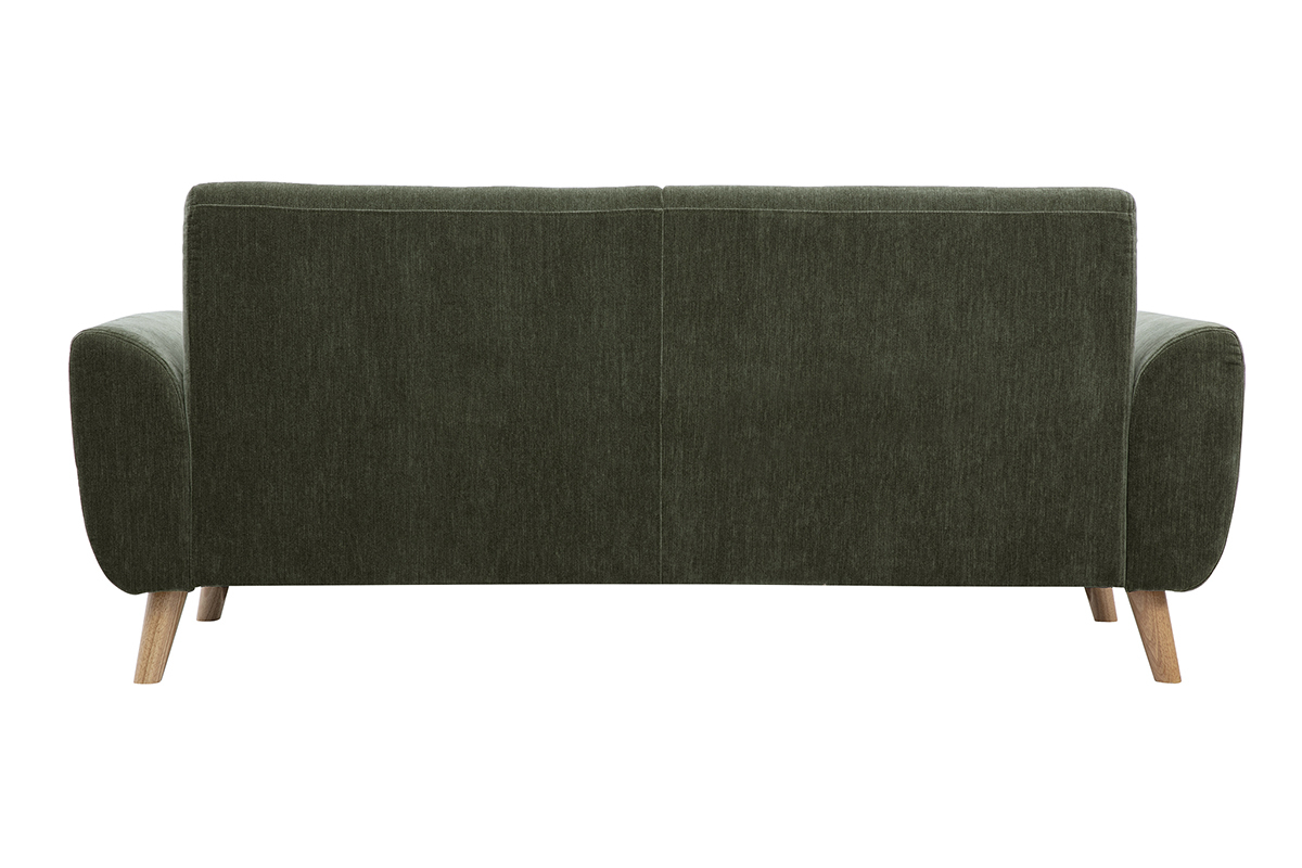 Canap� scandinave 3 places, vue arri�re, tissu effet velours textur� vert kaki et pieds en bois clair.