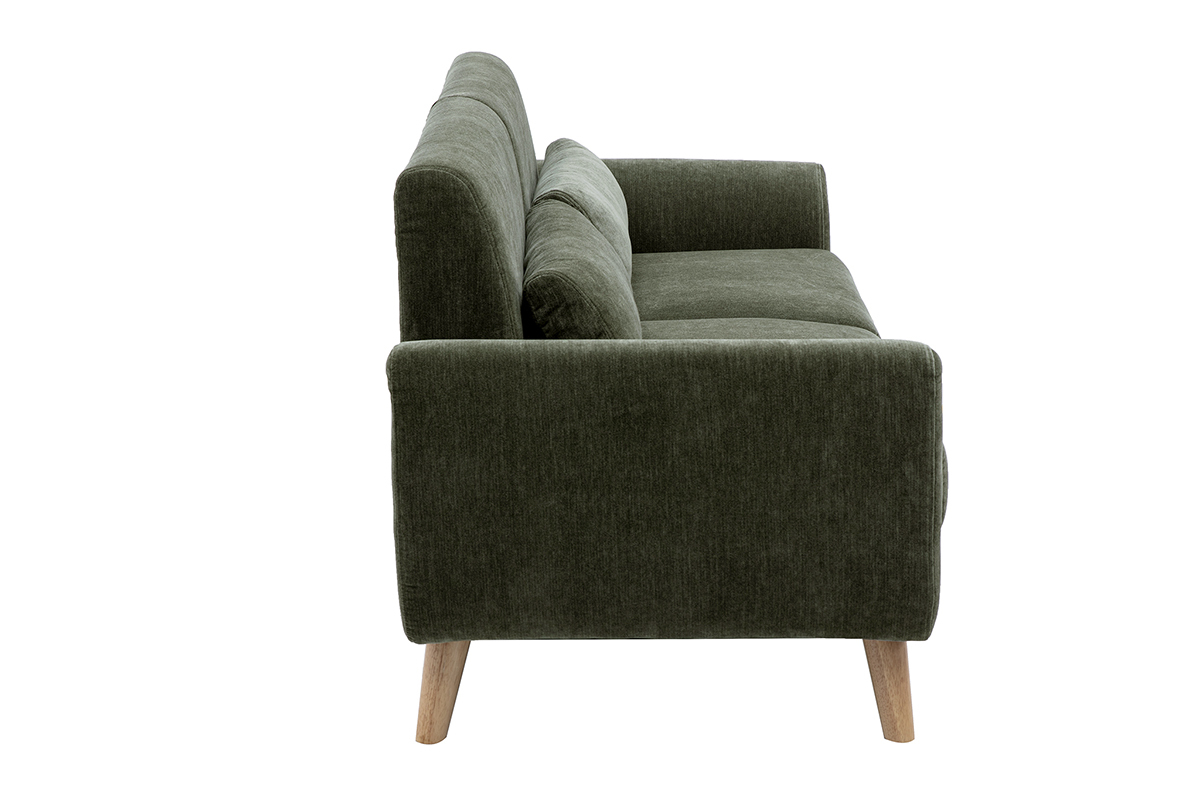 Canap� scandinave 3 places en tissu vert kaki, vue de profil, avec pi�tement en bois clair.
