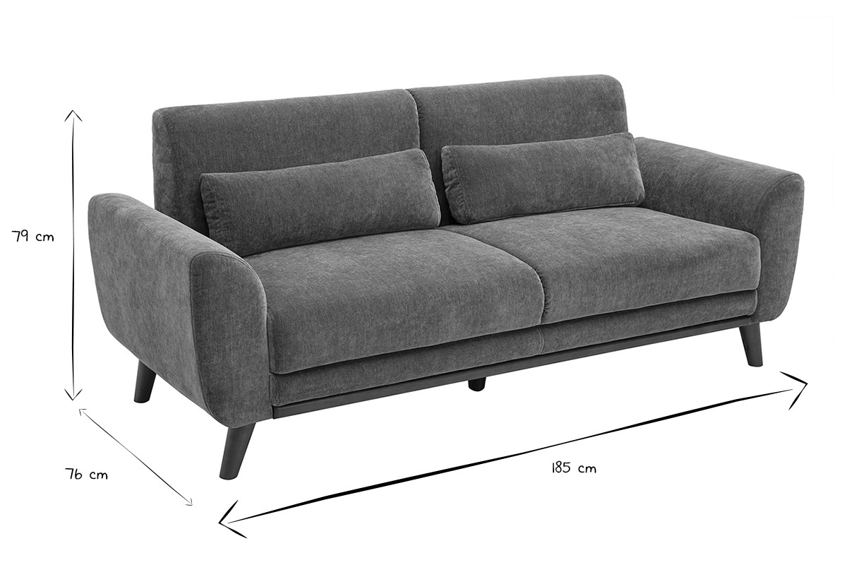 Canap� scandinave 3 places EKTOR avec dimensions indiqu�es en noir et blanc : 185 cm, 76 cm, 79 cm.