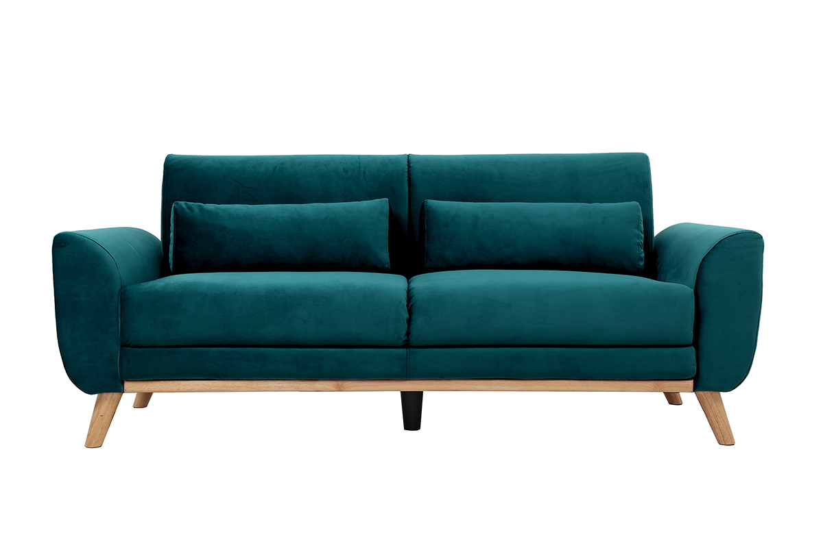 Canap� scandinave 3 places en tissu velours bleu p�trole et bois clair EKTOR