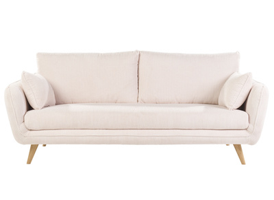 Canap&eacute; scandinave 3 places en tissu velours c&ocirc;tel&eacute; &eacute;cru et bois clair CREEP
