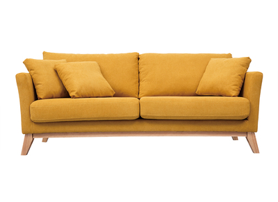 Canap&eacute; scandinave d&eacute;houssable 3 places en tissu effet velours jaune moutarde et bois clair OSLO