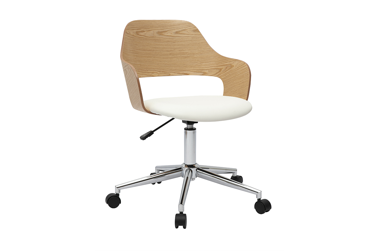 Chaise de bureau � roulettes design, assise blanche et dossier en ch�ne clair, vue de 3/4.
