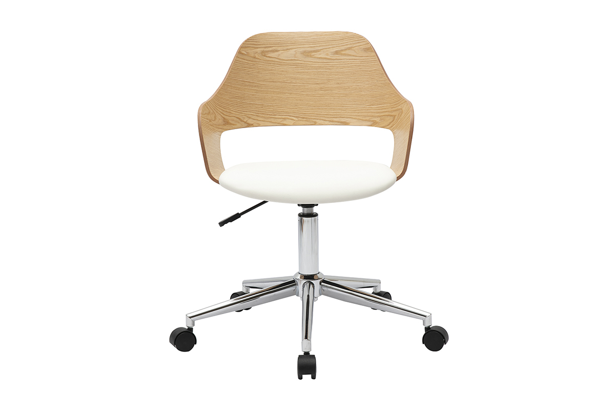 Chaise de bureau � roulettes design blanc, bois clair ch�ne et acier chrom�, vue de face.