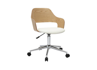 Chaise de bureau &agrave; roulettes design blanc, bois clair ch&ecirc;ne et acier chrom&eacute; JANET