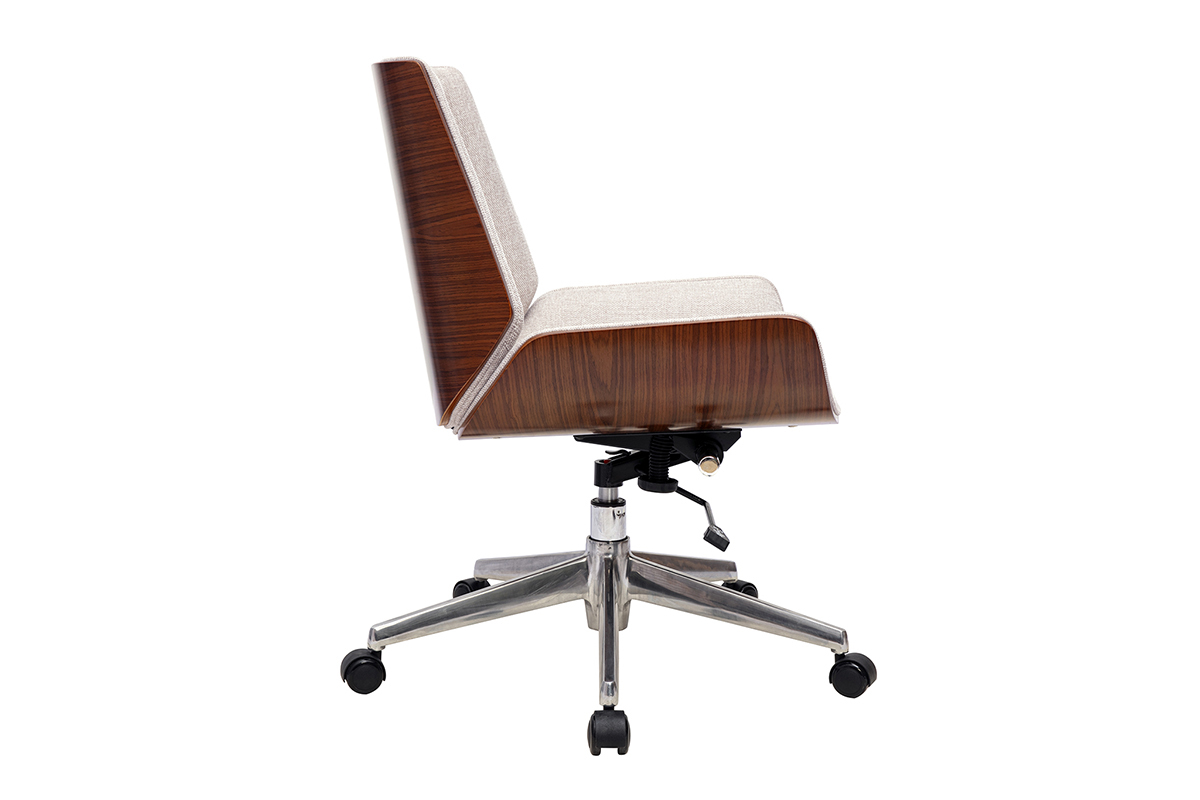Chaise de bureau � roulettes avec dossier incurv�, vue de profil. Tissu beige, bois fonc�, acier chrom�.
