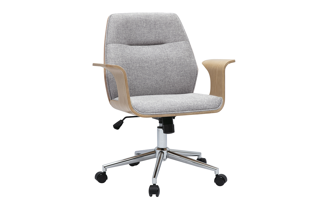 Chaise de bureau design gris en tissu effet velours, bois clair, acier chrom�, vue de 3/4.