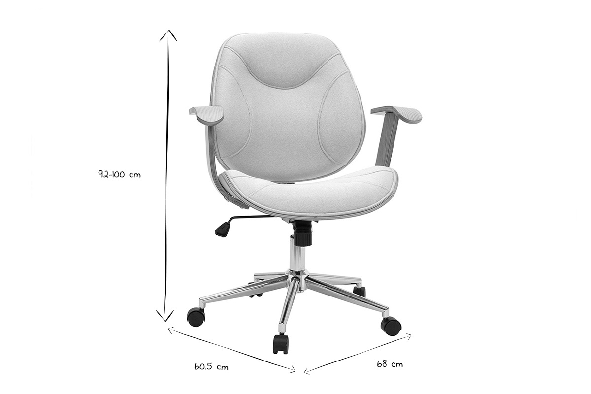 Chaise de bureau � roulettes design en tissu gris clair, bois clair et acier chrom� YORKE