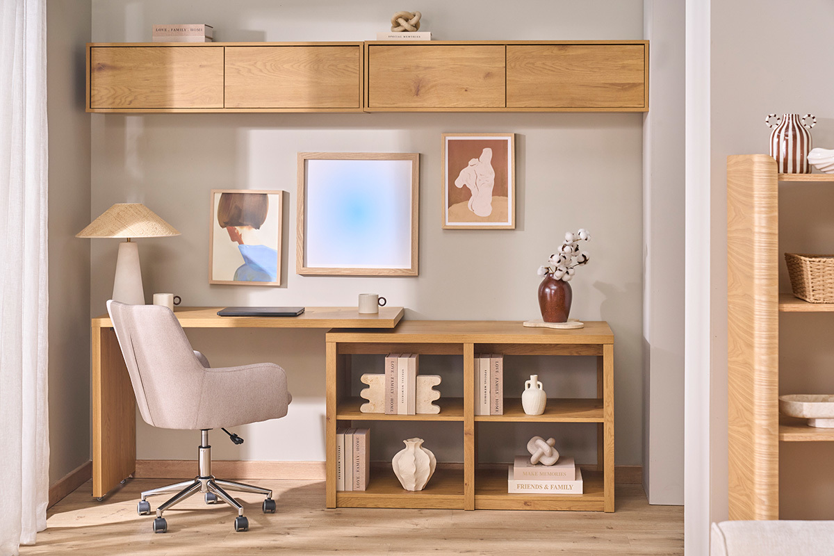 Chaise de bureau � roulettes en tissu beige et acier chrom� SHANA