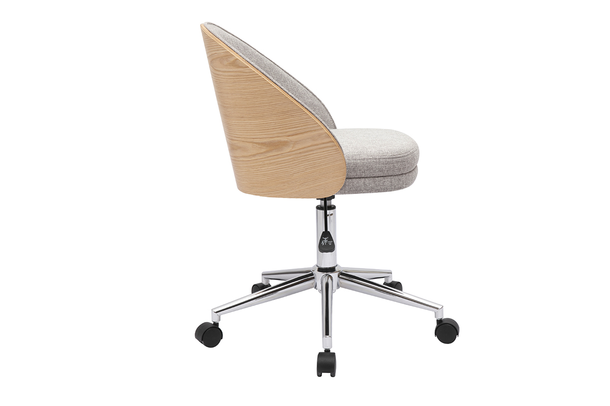 Chaise de bureau � roulettes TUCSON, vue de profil, tissu gris, bois clair, m�tal chrom�.