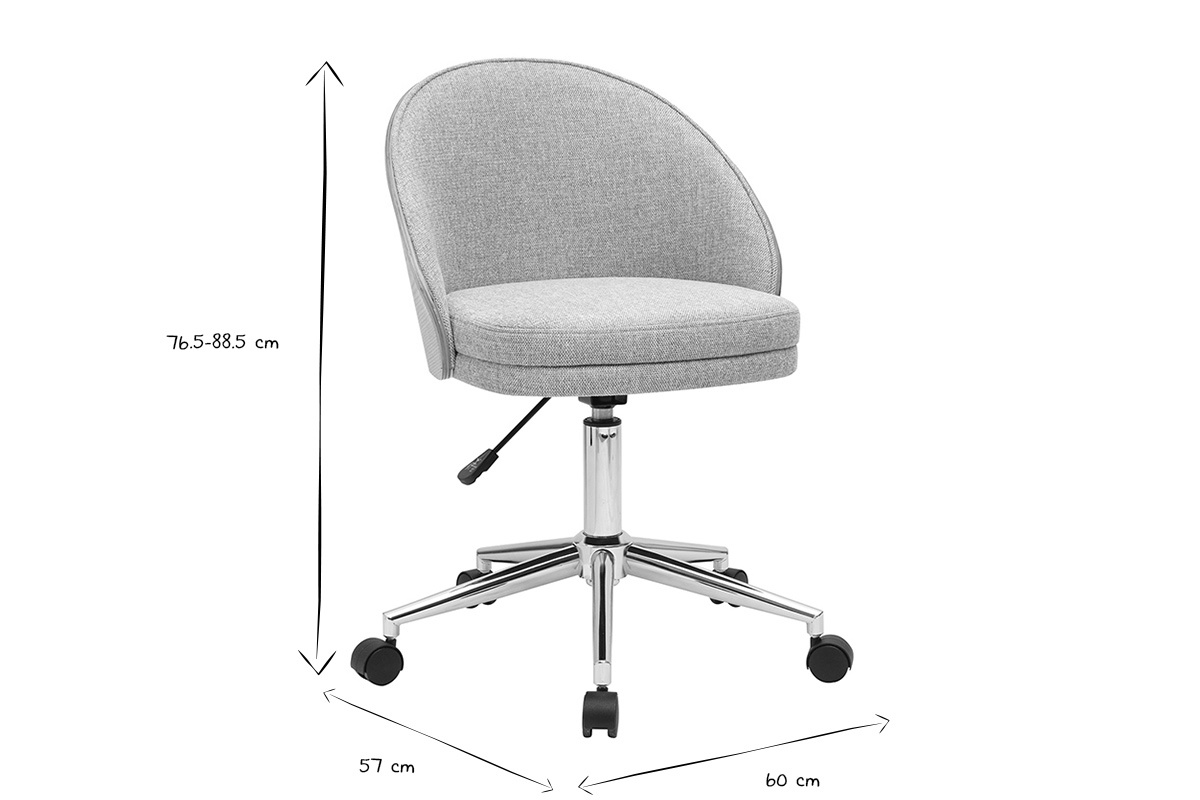 Dimensions d'une chaise de bureau en noir et blanc avec roulettes et assise gris clair.