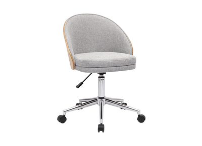 Chaise de bureau &agrave; roulettes en tissu effet velours textur&eacute; gris, bois clair et m&eacute;tal chrom&eacute; TUCSON