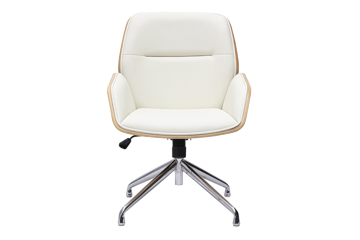 Chaise de bureau pivotante blanche, vue de face, bois clair et m�tal chrom�.