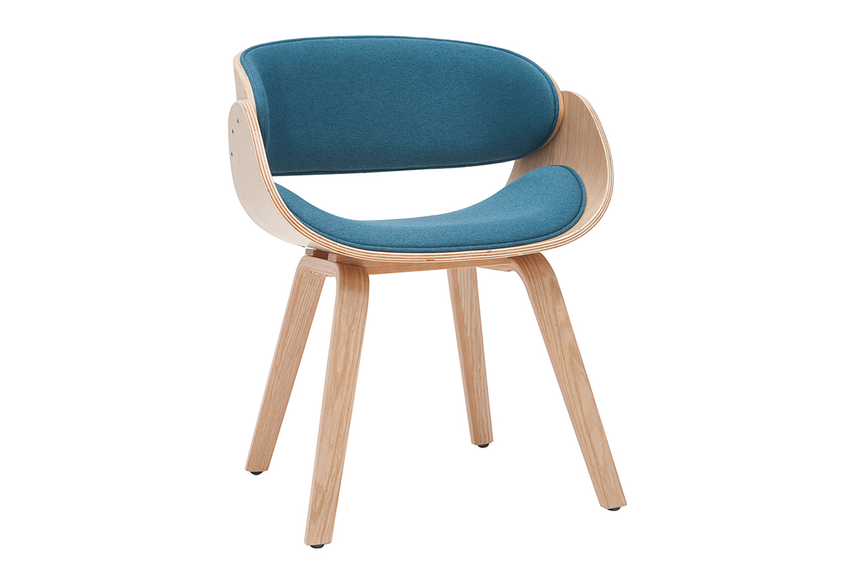 Chaise design en tissu bleu canard et bois clair BENT