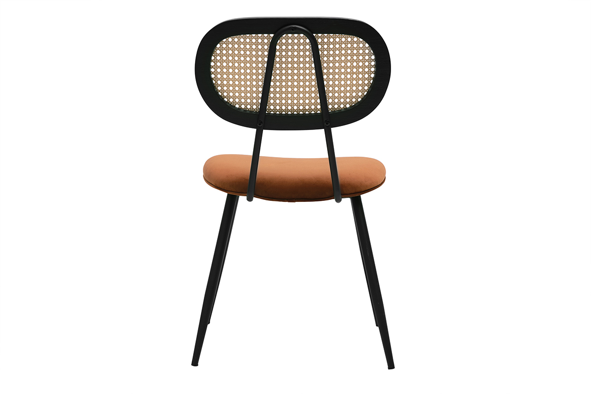 Chaise design en velours terre br�l�e, dossier cannage rotin vue arri�re.