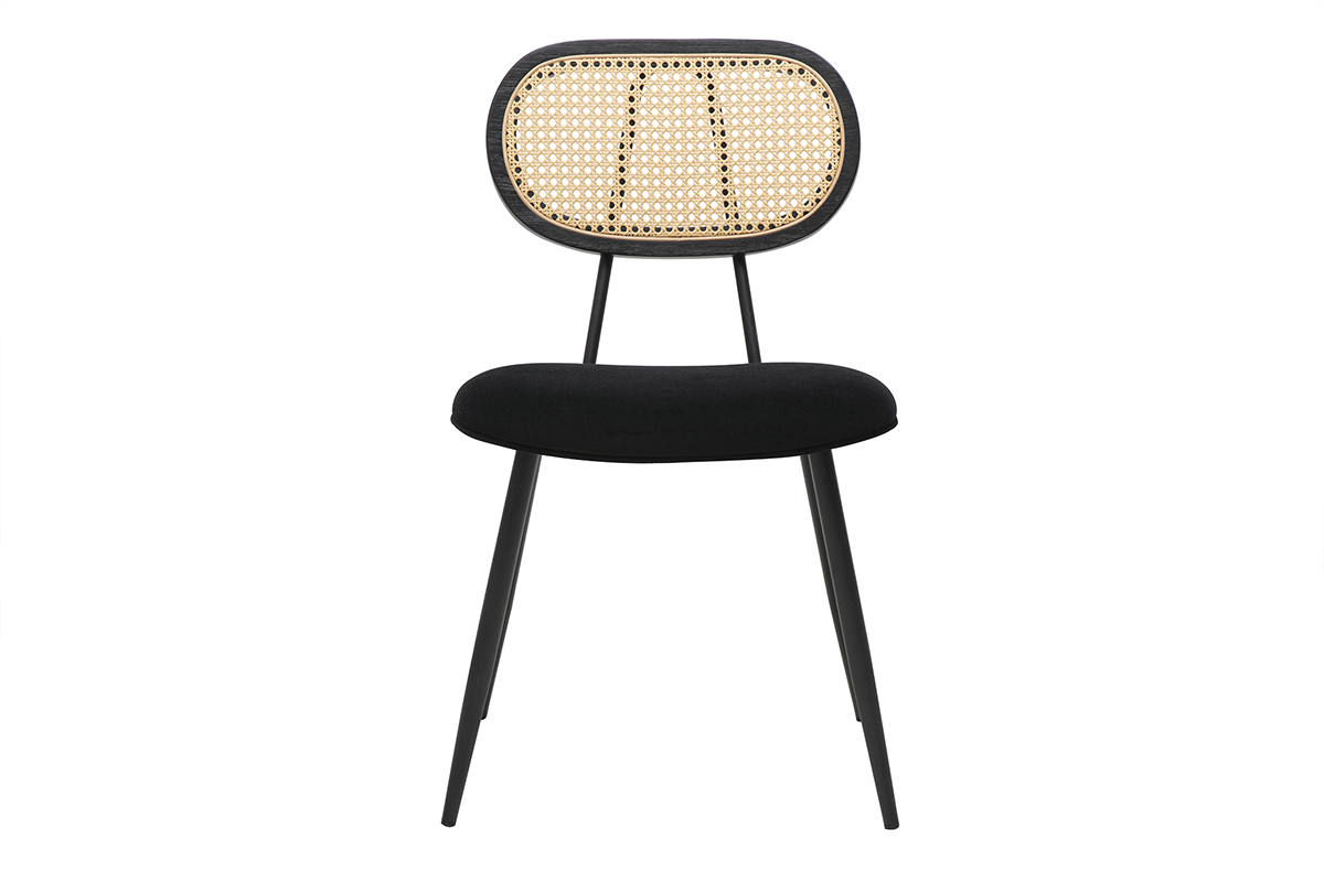 Chaise noire en velours et rotin, vue de face.