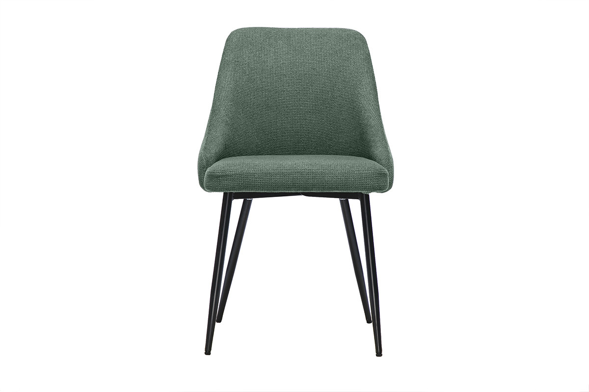 Chaise en tissu chenille vert kaki avec pi�tement en m�tal noir, vue de face.