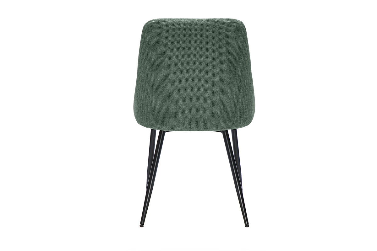 Vue de dos d'une chaise en tissu chenille vert kaki avec pieds en m�tal noir, mod�le HASTA.