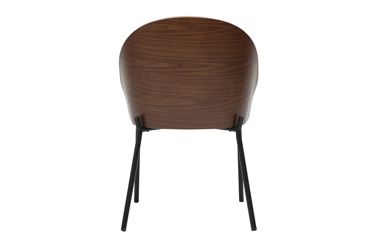 Vue arri�re d'une chaise en bois fonc� et m�tal noir, dossier arrondi.