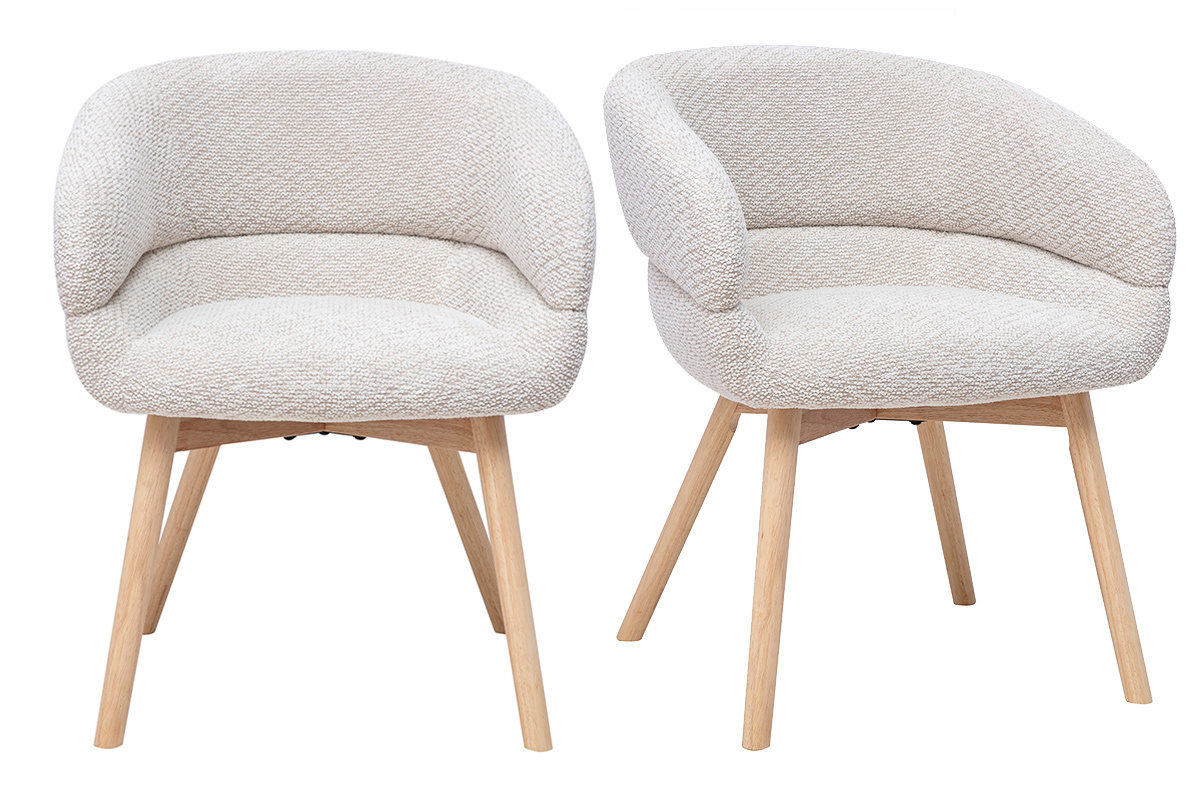 Chaises en tissu velours chenille beige et bois clair, vue de face, lot de 2.