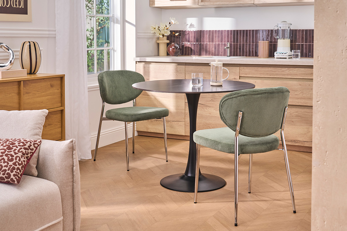 Chaises en tissu velours c�tel� vert kaki et m�tal chrom� (lot de 2) BREKA