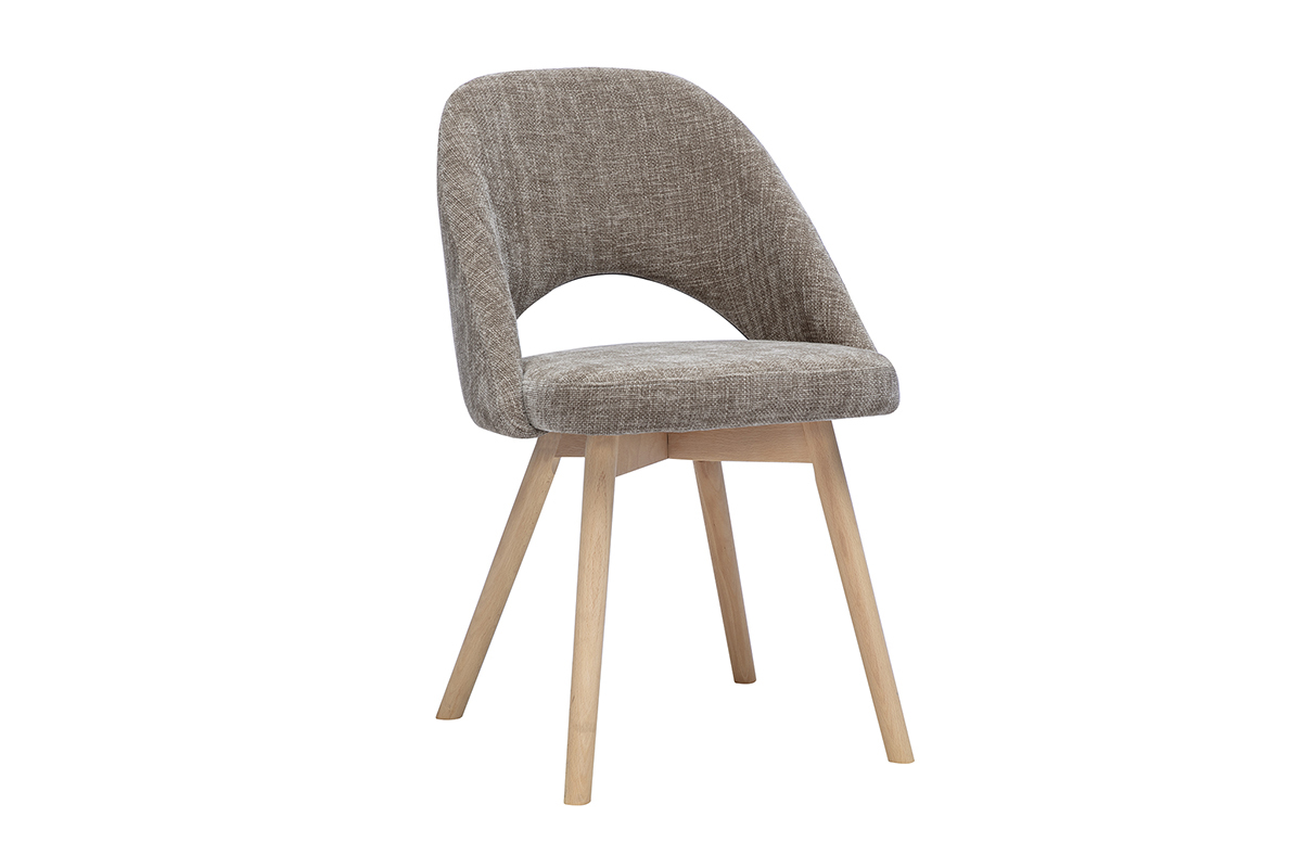Chaise scandinave en tissu effet velours taupe et bois clair, vue de 3/4