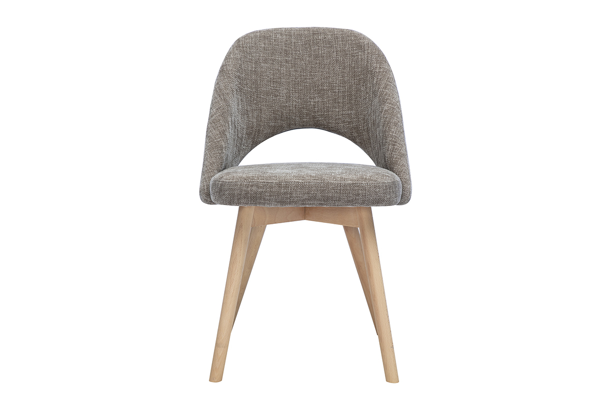 Chaise scandinave en tissu effet velours textur� taupe, vue de face, pieds en bois clair.