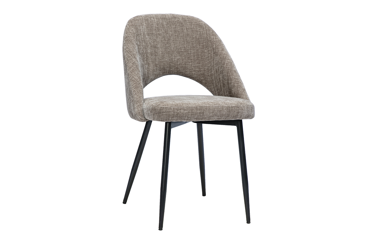 Chaise vintage en tissu effet velours textur� taupe avec pieds en m�tal noir, vue de 3/4.