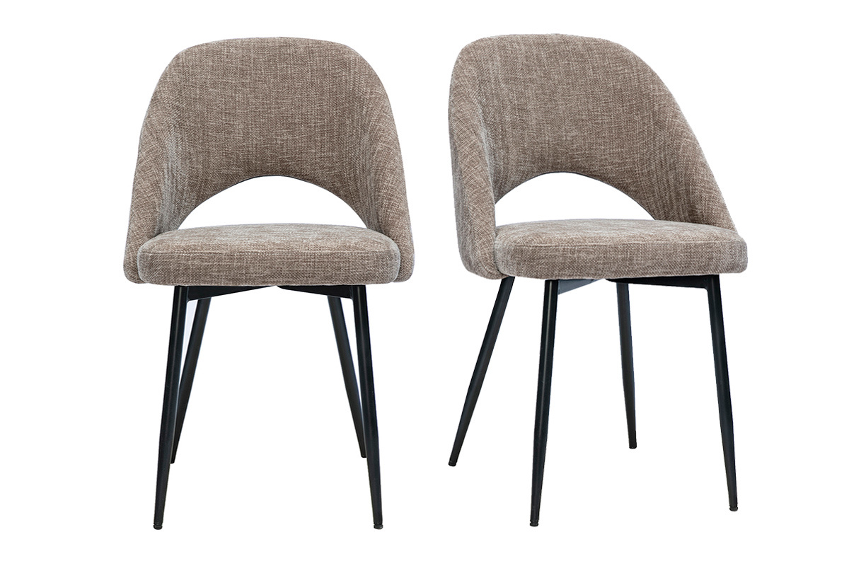 Lot de 2 chaises vintage en tissu effet velours taupe avec pieds en m�tal noir, vue de face.