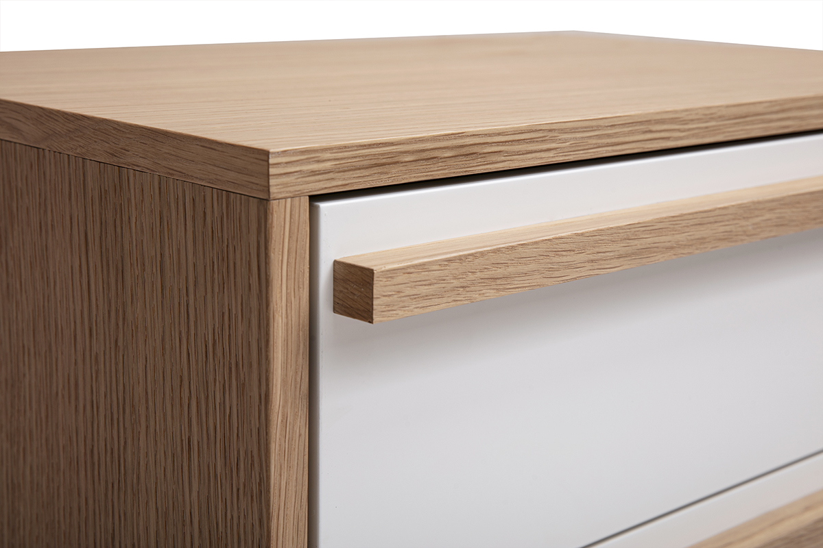 Commode scandinave HELIA en bois clair et blanc, vue zoom�e.