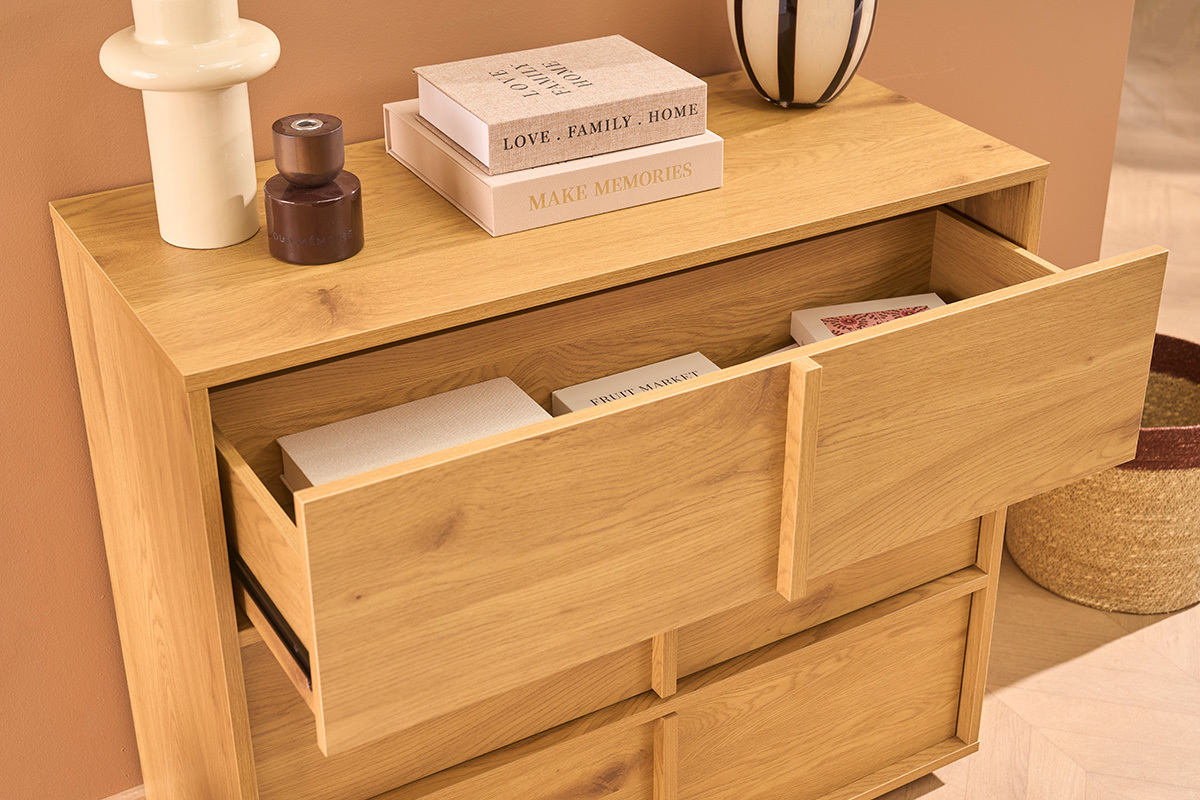 Commode finition bois clair ch�ne 3 tiroirs L90 cm LOTHAIRE