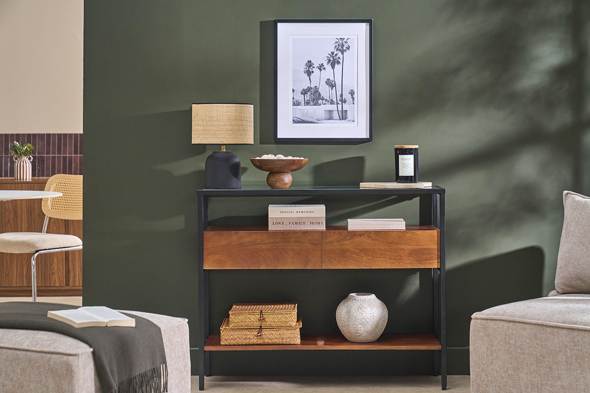 Console en bois fonc� manguier massif et plateau en verre 2 tiroirs L100 cm SITA