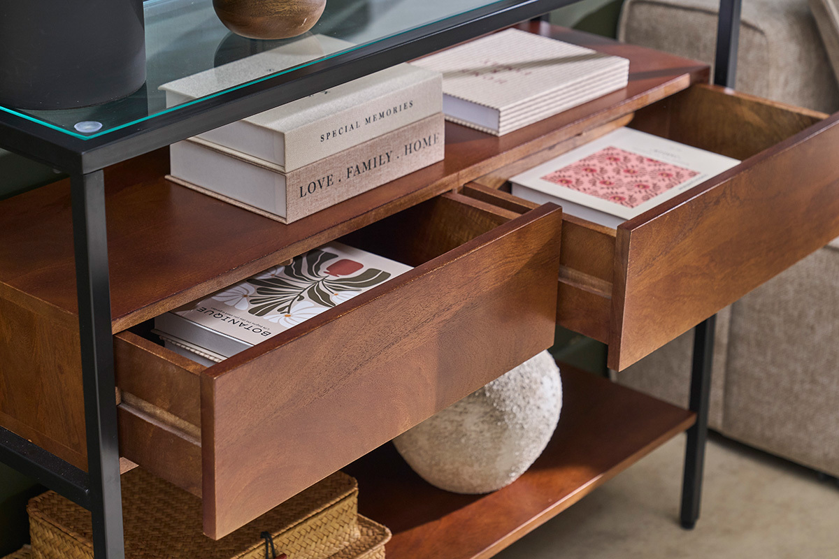 Console en bois fonc� manguier massif et plateau en verre 2 tiroirs L100 cm SITA