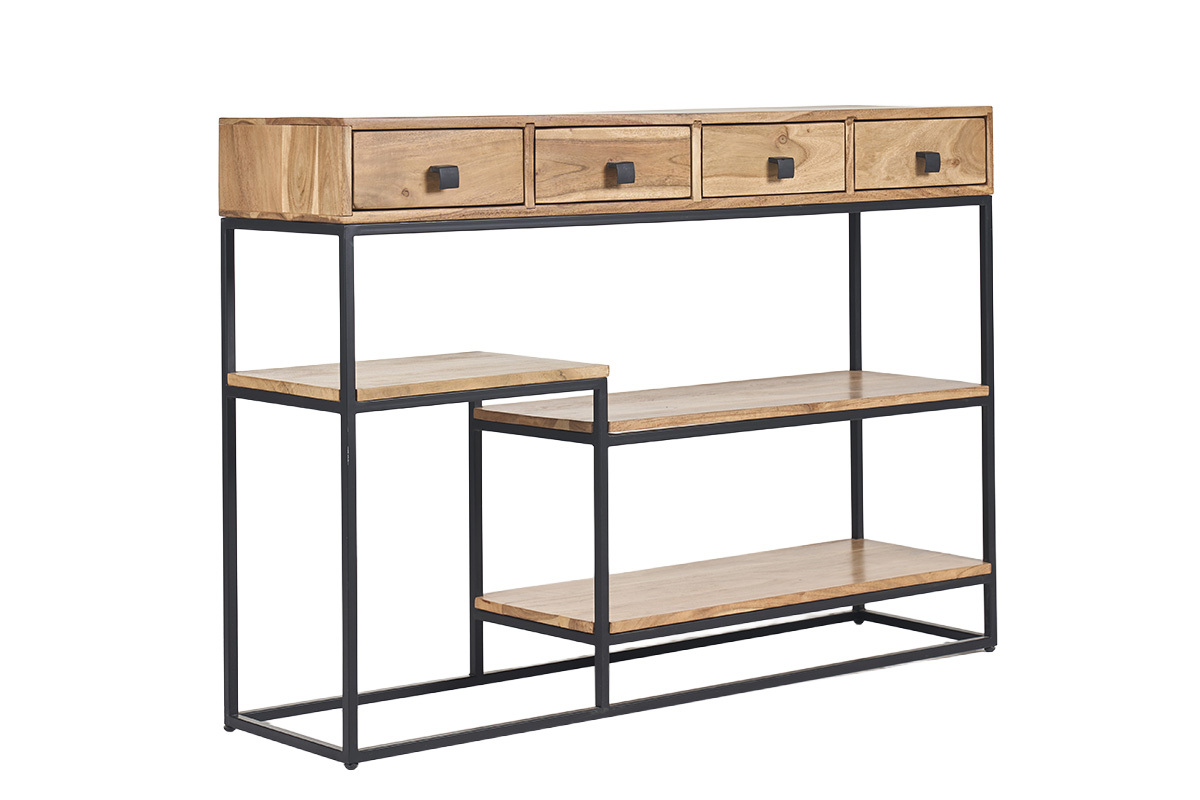Console industrielle 4 tiroirs en bois et m�tal noir, vue de 3/4.