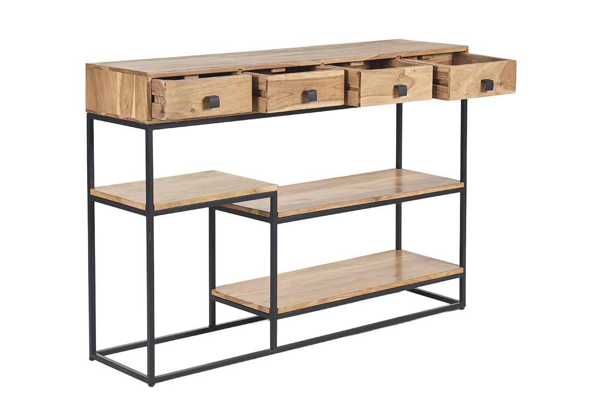 Console en bois et m�tal noir avec 4 tiroirs et 3 �tag�res, vue de trois quarts.