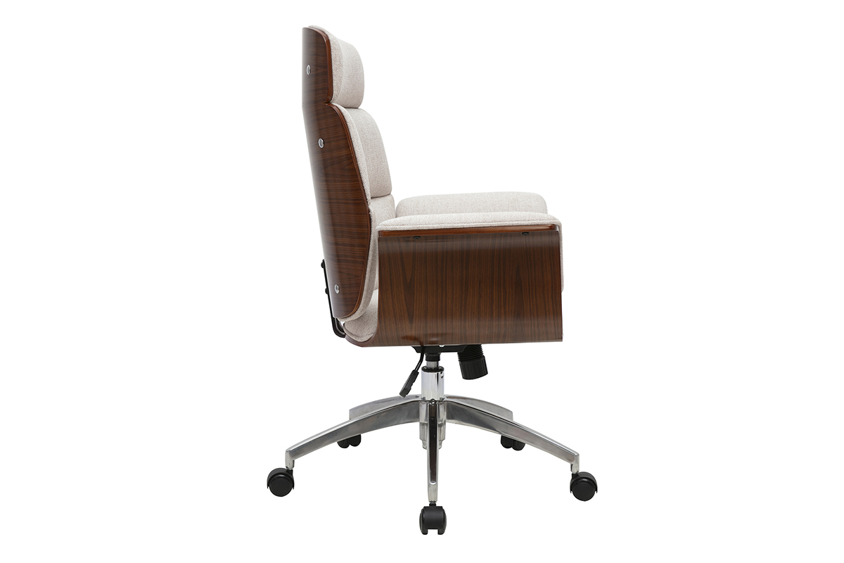 Fauteuil de bureau ELON en profil, tissu beige, bois fonc�, roulettes et acier chrom�.