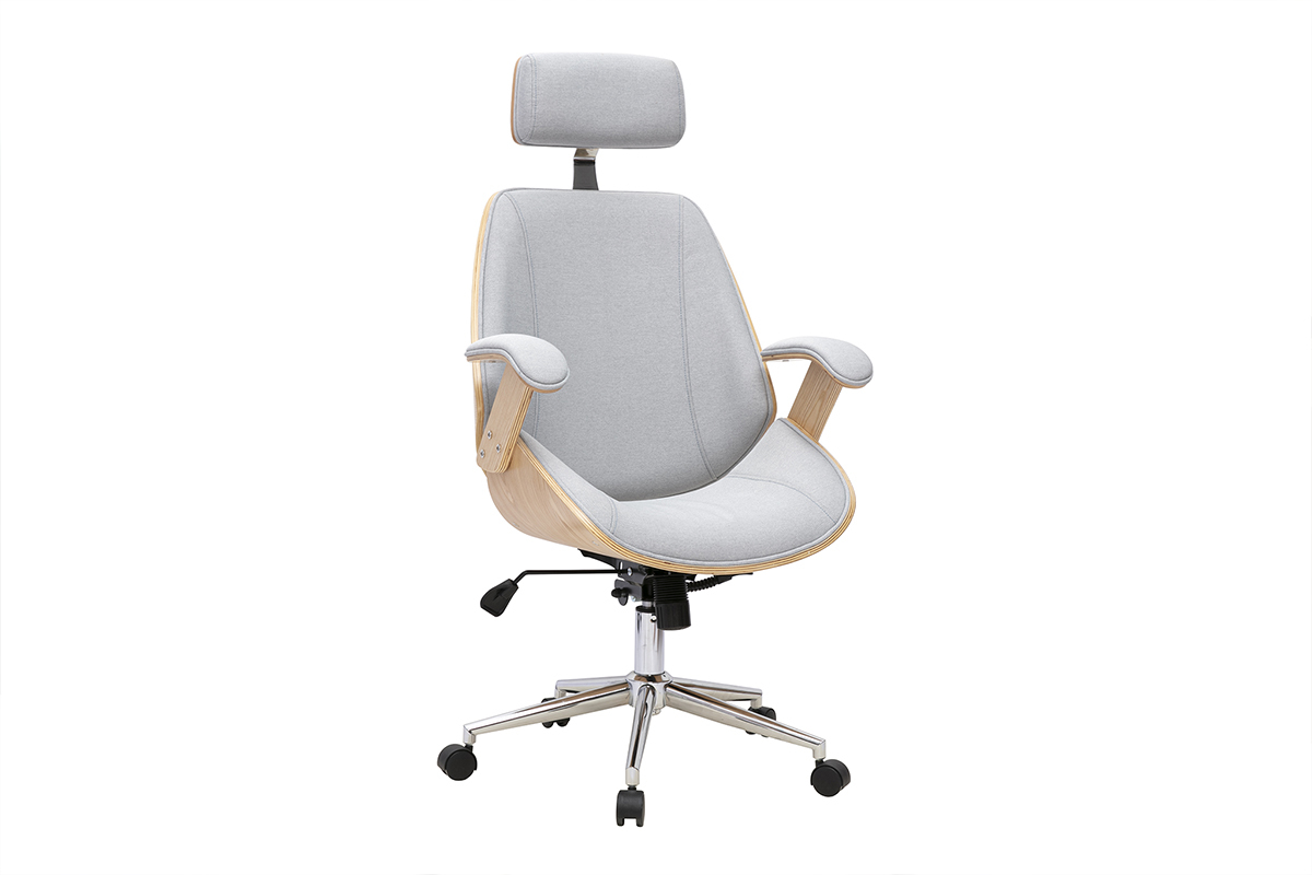 Fauteuil de bureau design en tissu gris avec bois clair et acier, vue de 3/4.